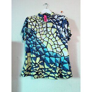 Simplicité By Jamie Sadock Multicolor Mosaic Print Polo Shirt XL Stretch Zip New
